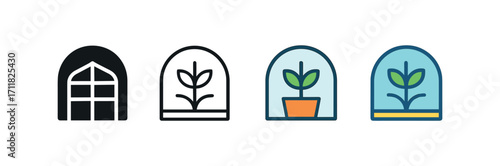 Vector icon gardening greenhouse same pose same proportions four styles black solid glyph outline minimal flat multicolor filled cartoon flat shaded.