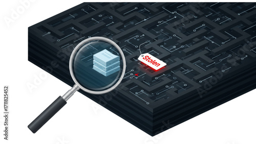 Magnifying Glass Zooming on Stolen Confidential Document Stack in Dark Circuit Board Maze Labyrinth: Advanced SEO-Optimized Searchable Title for Cybersecurity Data Breach Detection and Digital , 