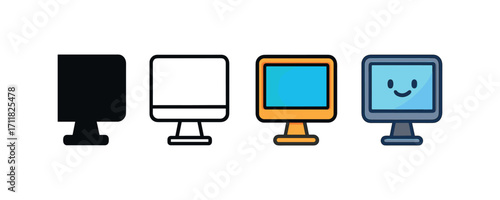 Vector icon pc monitor same pose same proportions four styles black solid glyph outline minimal flat multicolor filled cartoon flat shaded.
