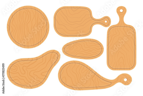Cartoon Wooden Cutting Boards, Top View. Rustic Kitchen Chopping Boards Collection, round,oval, reclangle shapes. Seven different wooden cutting boards.