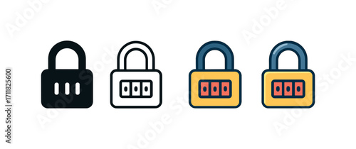 Vector icon security lock combination same pose same proportions four styles black solid glyph outline minimal flat multicolor filled cartoon flat shaded.