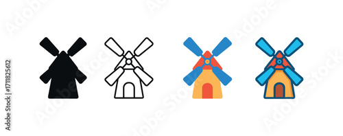 Vector icon farm windmill same pose same proportions four styles black solid glyph outline minimal flat multicolor filled cartoon flat shaded.