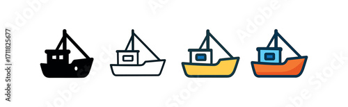 Vector icon fishing boat same pose same proportions four styles black solid glyph outline minimal flat multicolor filled cartoon flat shaded.
