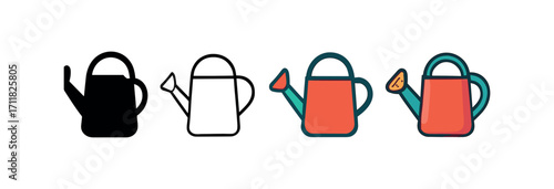 Vector icon farm watering can same pose same proportions four styles black solid glyph outline minimal flat multicolor filled cartoon flat shaded.