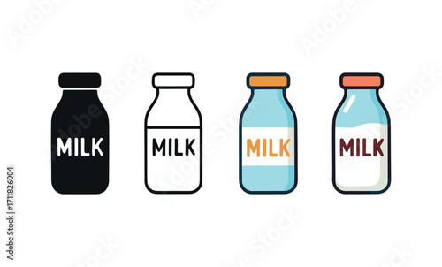 Vector icon farm dairy bottle same pose same proportions four styles black solid glyph outline minimal flat multicolor filled cartoon flat shaded.