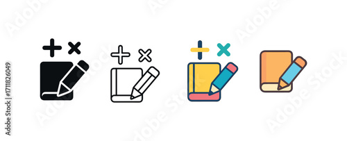 Vector icon education math symbols same pose same proportions four styles black solid glyph outline minimal flat multicolor filled cartoon flat shaded.