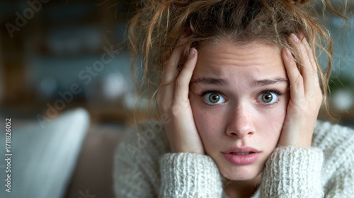 A worried young girl holds her head in distress, vividly capturing the intense emotions of stress and tension, set against a cozy indoor backdrop that adds depth to her struggles.