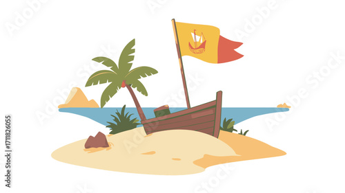 A digital illustration depicting a simple cartoon-style wooden boat beached on a small sandy island.  The boat is brown with a small yellow and red flag. A single palm tree is present on the