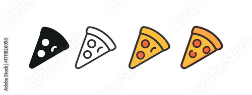Vector icon food pizza slice same pose same proportions four styles black solid glyph outline minimal flat multicolor filled cartoon flat shaded.