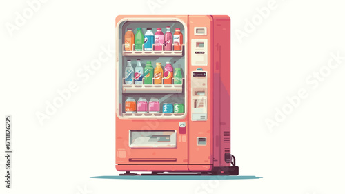 A digital illustration depicting a retro-style vending machine. The machine is predominantly light orange/pink, with a slightly darker shade for the sides.  It features three glass shelves stocked