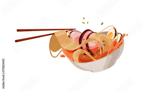 Ramen or Udon soup in ceramic bowl with chopsticks. Meal of Japanese cuisine with noodle, eggs and beef. East Asian food, tasty Chinese eating. Flat isolated vector illustrations on white background