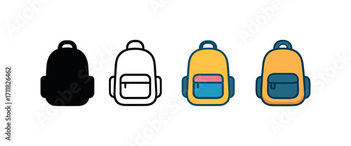 Vector icon school backpack same pose same proportions four styles black solid glyph outline minimal flat multicolor filled cartoon flat shaded.