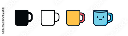 Vector icon office coffee mug same pose same proportions four styles black solid glyph outline minimal flat multicolor filled cartoon flat shaded.