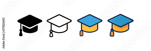 Vector icon school graduation cap same pose same proportions four styles black solid glyph outline minimal flat multicolor filled cartoon flat shaded.