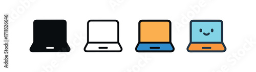 Vector icon office laptop same pose same proportions four styles black solid glyph outline minimal flat multicolor filled cartoon flat shaded.