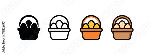 Vector icon farm eggs basket same pose same proportions four styles black solid glyph outline minimal flat multicolor filled cartoon flat shaded.