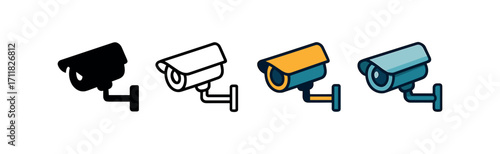Vector icon security CCTV camera same pose same proportions four styles black solid glyph outline minimal flat multicolor filled cartoon flat shaded.