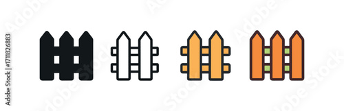 Vector icon farm fence same pose same proportions four styles black solid glyph outline minimal flat multicolor filled cartoon flat shaded.