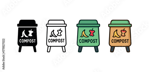 Vector icon gardening compost bin same pose same proportions four styles black solid glyph outline minimal flat multicolor filled cartoon flat shaded.