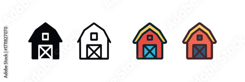 Vector icon farm barn same pose same proportions four styles black solid glyph outline minimal flat multicolor filled cartoon flat shaded.