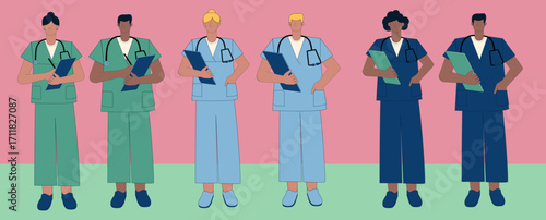 Multiethnic nurse characters group. Medical team isolated vector illustartion