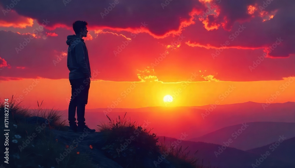 Obraz premium A solitary figure silhouetted against a vibrant sunset, conveying a sense of peaceful isolation and spiritual reflection, finding solace in nature's grandeur , quiet, finding