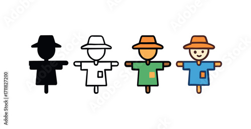 Vector icon gardening scarecrow same pose same proportions four styles black solid glyph outline minimal flat multicolor filled cartoon flat shaded.