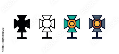 Vector icon cinema spotlight same pose same proportions four styles black solid glyph outline minimal flat multicolor filled cartoon flat shaded.