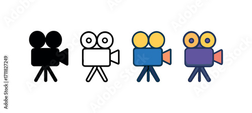 Vector icon cinema camera old same pose same proportions four styles black solid glyph outline minimal flat multicolor filled cartoon flat shaded.