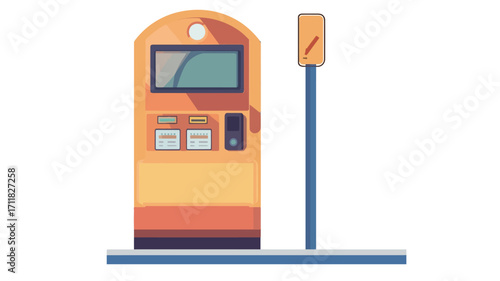 The image is a digital illustration of a ticket vending machine and a pole display. The ticket machine is predominantly orange-yellow with a rectangular screen, button panel, and card reader. 