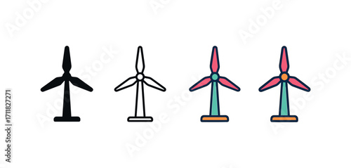 Vector icon ecology wind turbine same pose same proportions four styles black solid glyph outline minimal flat multicolor filled cartoon flat shaded.
