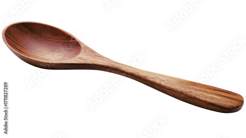 A high-angle, full shot of a single wooden spoon isolated on a bright white background. The spoon is reddish-brown in color with visible wood grain.  The spoon has an oval-shaped bowl and a long,