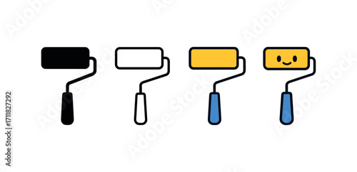 Vector icon build paint roller same pose same proportions four styles black solid glyph outline minimal flat multicolor filled cartoon flat shaded.