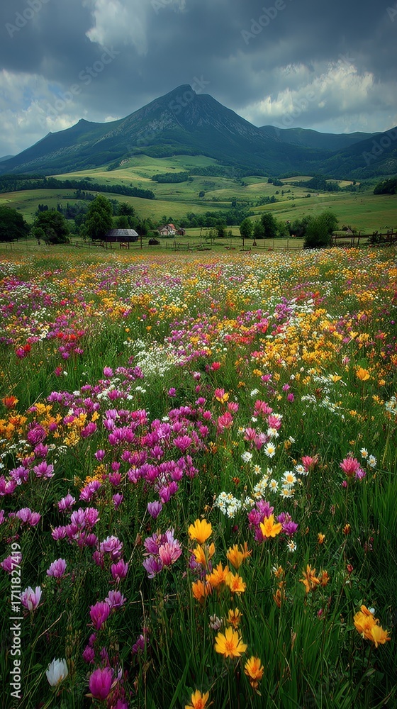 Fototapeta premium A beautiful meadow with an abundance of colorful flowers, leading to a majestic mountain backdrop beneath a cloudy sky, is a breathtaking landscape