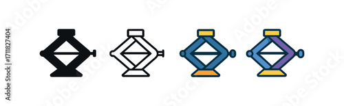 Vector icon car repair jack same pose same proportions four styles black solid glyph outline minimal flat multicolor filled cartoon flat shaded.