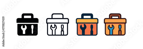 Vector icon build toolbox same pose same proportions four styles black solid glyph outline minimal flat multicolor filled cartoon flat shaded.