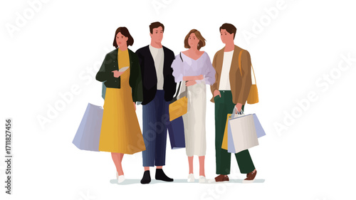 A digital illustration depicting four young adults, two men and two women, standing together, holding shopping bags.  The style is flat, vector-based, with clean lines and minimal details. 