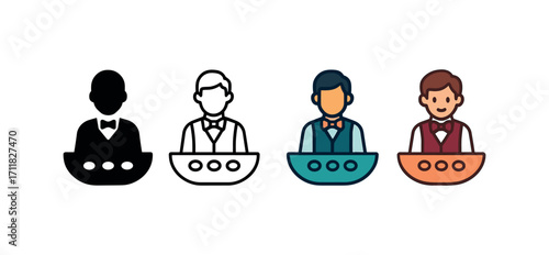 Vector icon casino dealer table same pose same proportions four styles black solid glyph outline minimal flat multicolor filled cartoon flat shaded.