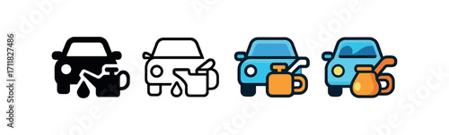 Vector icon car repair oil can same pose same proportions four styles black solid glyph outline minimal flat multicolor filled cartoon flat shaded.
