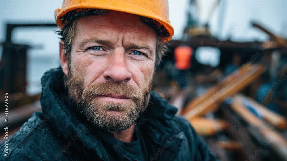 Fototapeta premium A rugged worker wearing an orange helmet gazes intensely, embodying determination and resilience against the backdrop of a rain-soaked construction site filled with raw materials.