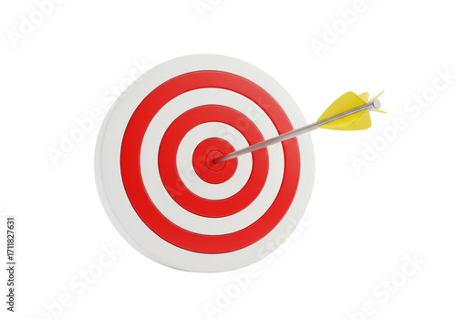 Isolated bullseye target board with arrow hitting center, aiming high, successful planning