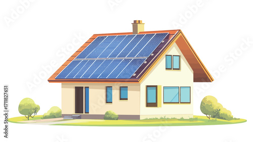 A digital illustration depicts a single-story house with a sloped roof.  The roof is covered with multiple blue solar panels. The house is light yellow with brown roof tiles and dark blue door.