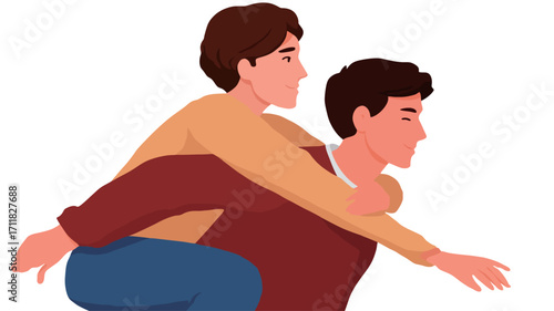A digital illustration depicts two men, both with short brown hair. One man is giving a piggyback ride to the other. The man giving the ride is wearing a dark red long-sleeved shirt and blue jeans