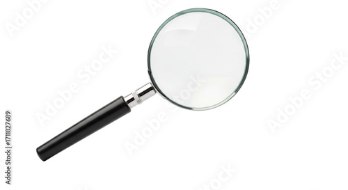 Isolated magnifying glass enhances the examination of text below in a close-up perspective
