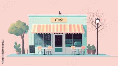 A digital illustration depicts a small cafe building. The building is light teal or mint green with an orange and white striped awning.  Two small trees, a cactus in a pot, and a street lamp with 