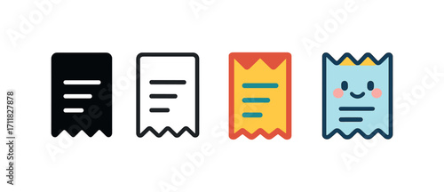 Vector icon shopping receipt same pose same proportions four styles black solid glyph outline minimal flat multicolor filled cartoon flat shaded.