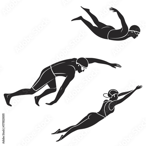 Three swimmers in different strokes, black silhouettes.