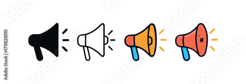 Vector icon marketing megaphone same pose same proportions four styles black solid glyph outline minimal flat multicolor filled cartoon flat shaded.