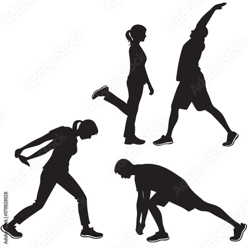 Silhouettes of people stretching and exercising, depicting various fitness activities and movements.