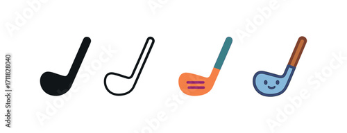 Vector icon sport golf club same pose same proportions four styles black solid glyph outline minimal flat multicolor filled cartoon flat shaded.